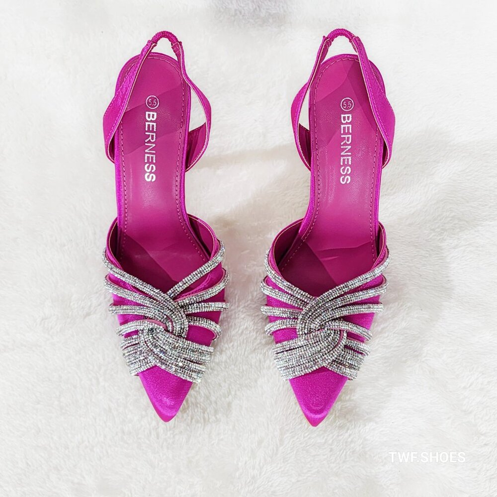 Elegance Slip on Slingback Hot Pink Satin Rhinestone Pointy Toe High Heels Shoes